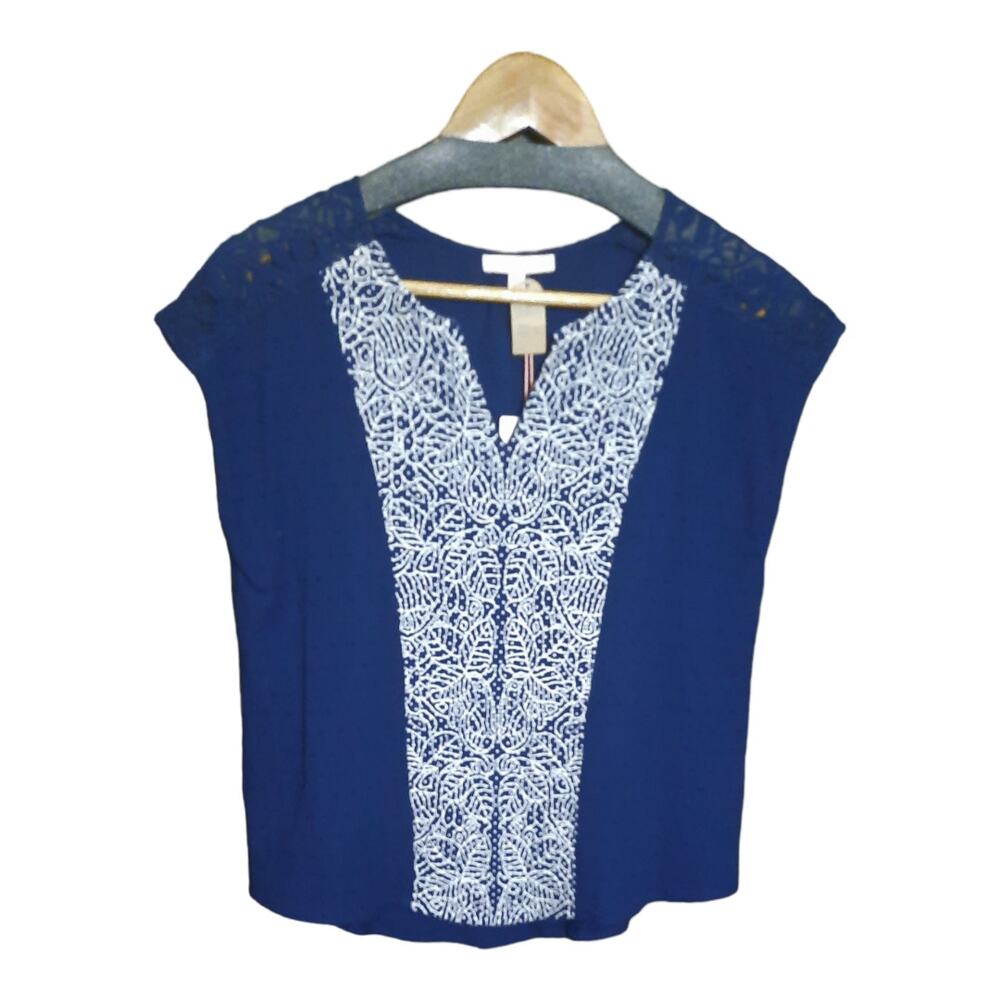 Skies are Blue Womens Navy With White Embroidered Panel Top Size S NWT